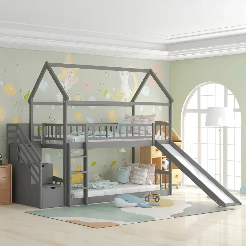 Solid wood children's double b - đánh giá và giá Bunk Bed With Stairs And Slide